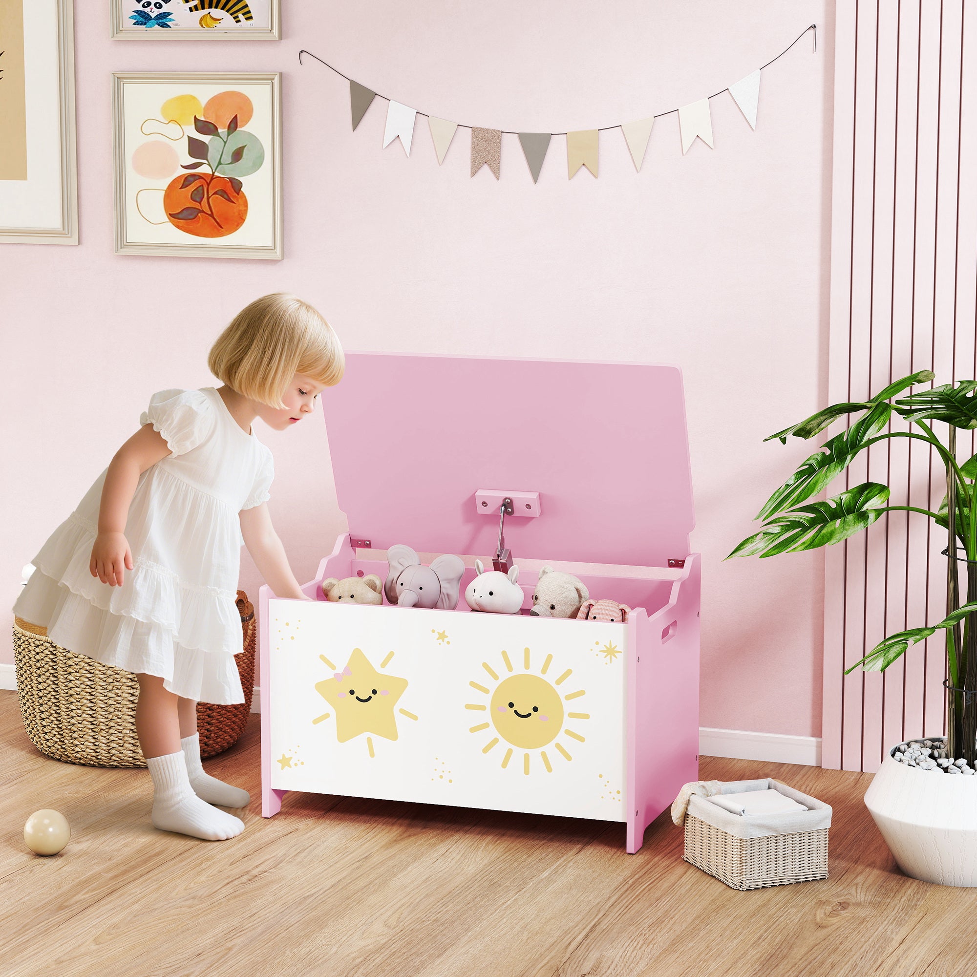 Baule Portagiochi per Bambini 60x37x39 cm con Coperchio in MDF Rosa