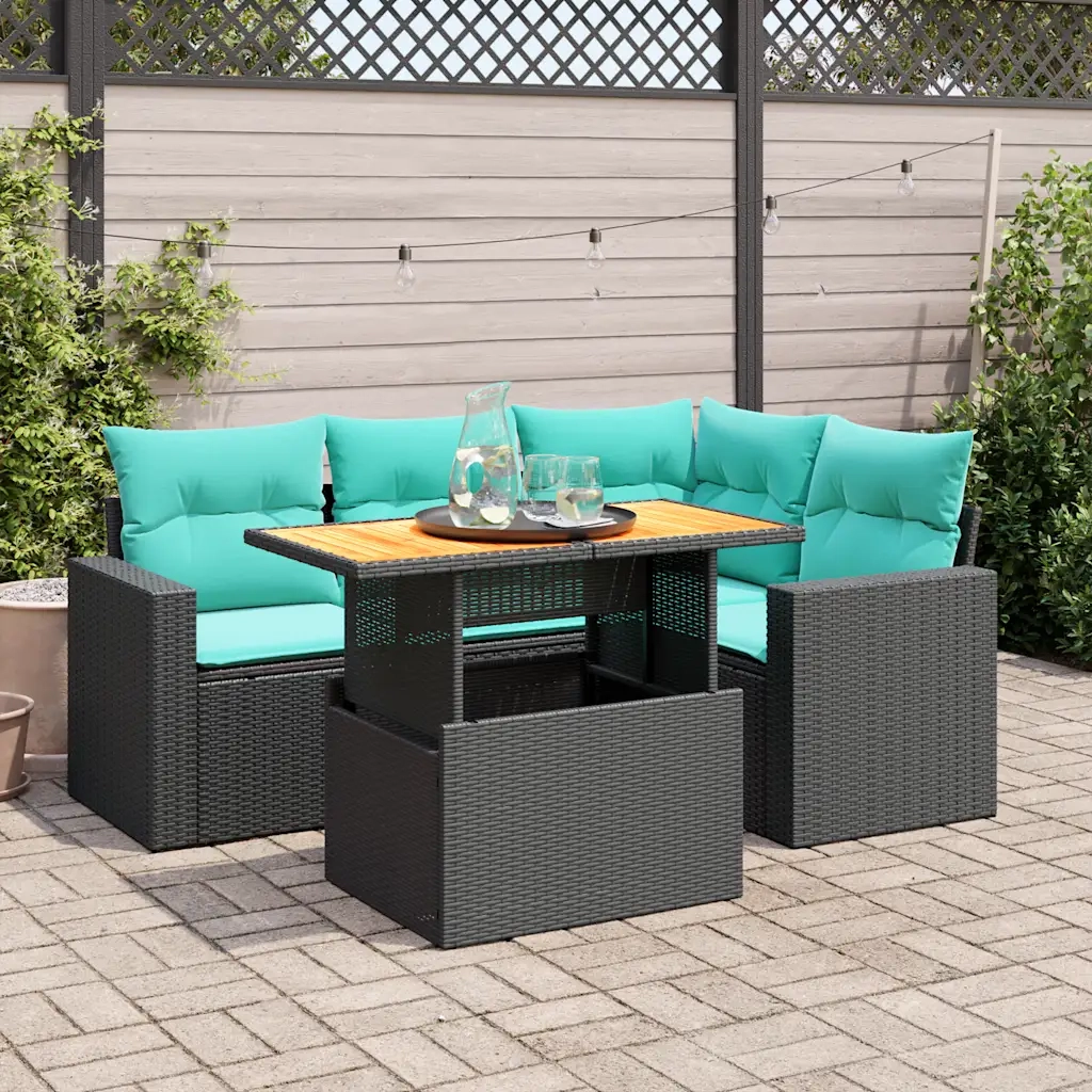 Set Divani da Giardino 5 pz con Cuscini in Polyrattan Nero