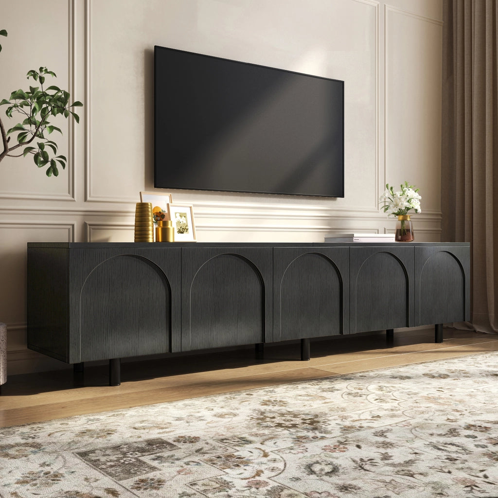 Mobile TV, mobile basso a 5 ante, gambe in metallo, in truciolato, nero