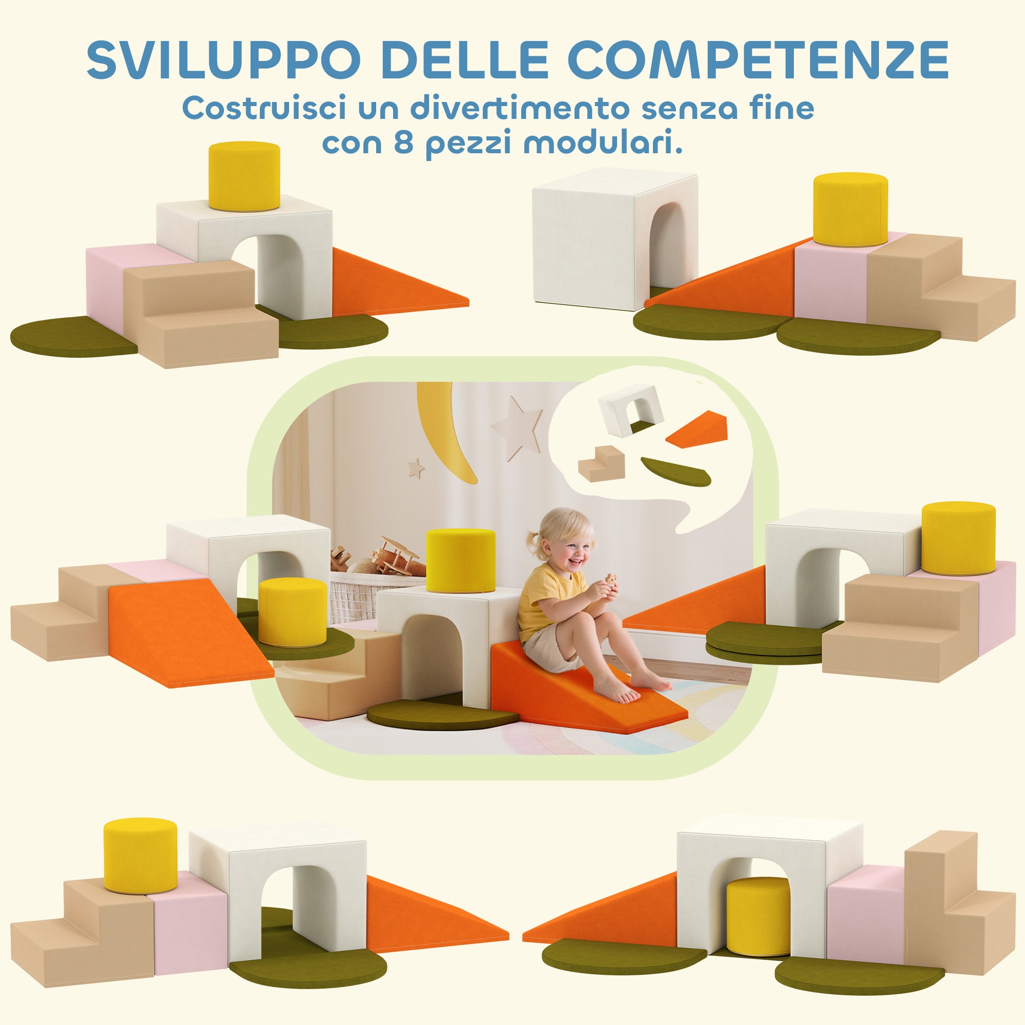 Set 8 Costruzioni Morbide per Bambini 0-3 Anni in Velluto e Schiuma PU Arancione
