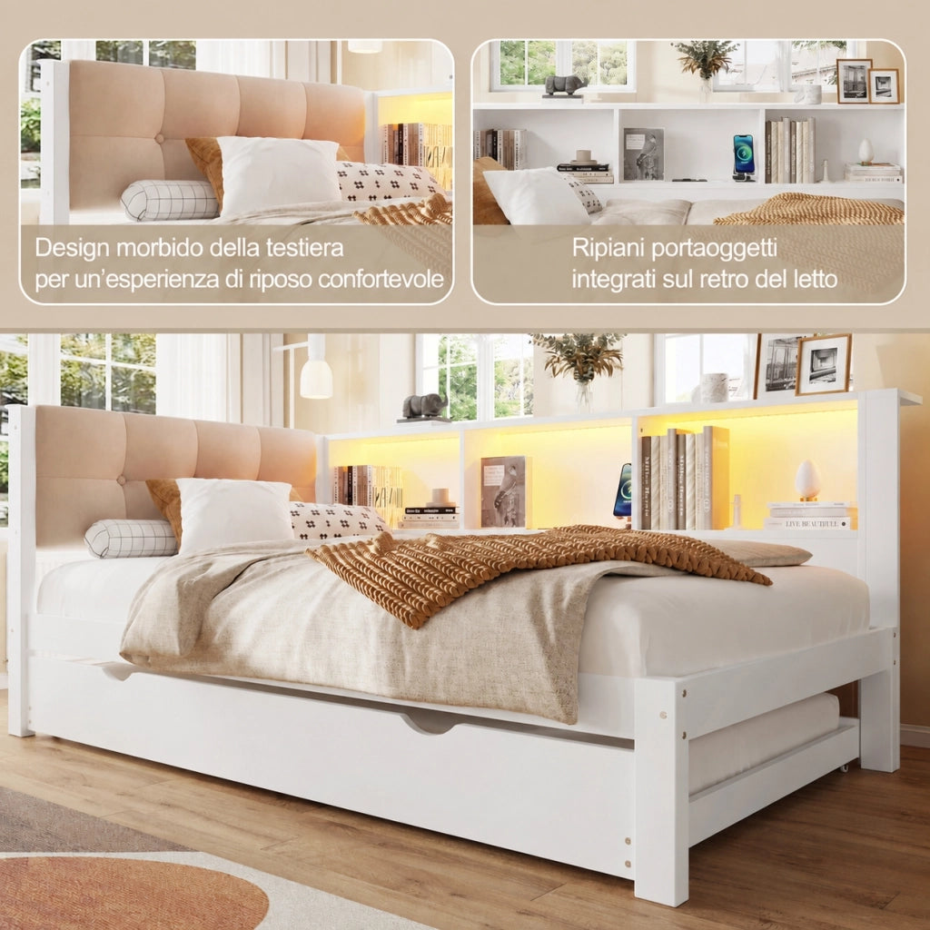 Letto divano singolo 90 x 200 cm; con due cassetti presa e 2 porte USB; MDF e truciolato; bianco