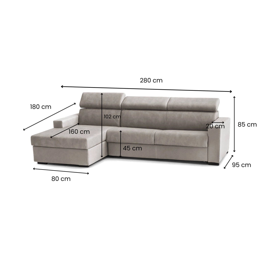 Divano fisso Akela, Divano ad angolo, Made in Italy, SofÒ  Soggiorno con chaise longue, in tessuto imbottito - Penisola contenitore Sinistra, con Braccioli standard, cm 280x95h85, Tortora