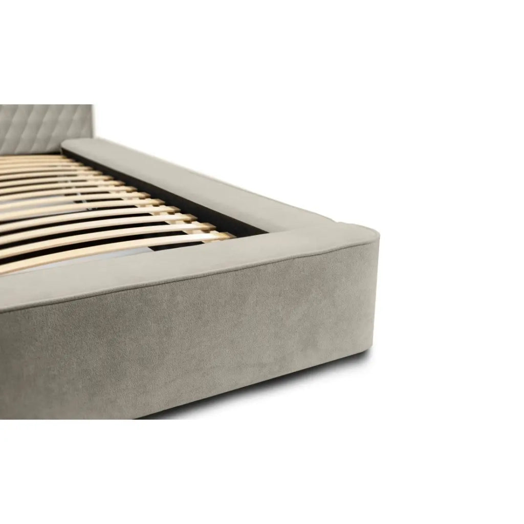 Letto contenitore VERNON – Tessuto bouclé chenille Taupe fumé – 180x200 cm – Rete sollevabile – Design di alta gamma