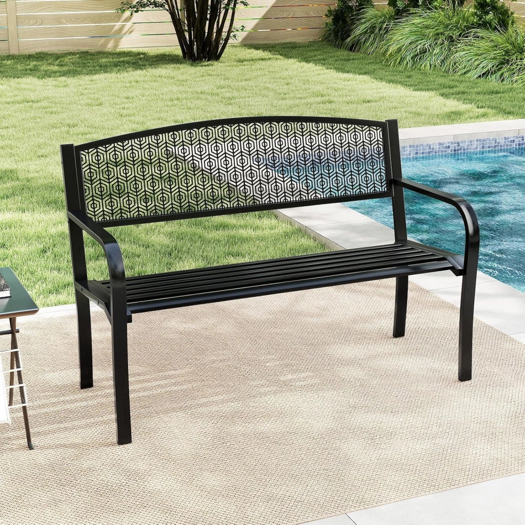 Panca da giardino in metallo a 2 posti, con braccioli comodi e seduta curva, seduta a doghe e schienale elegante, per 2-3 persone, panchina per parco, patio, balcone (nero)