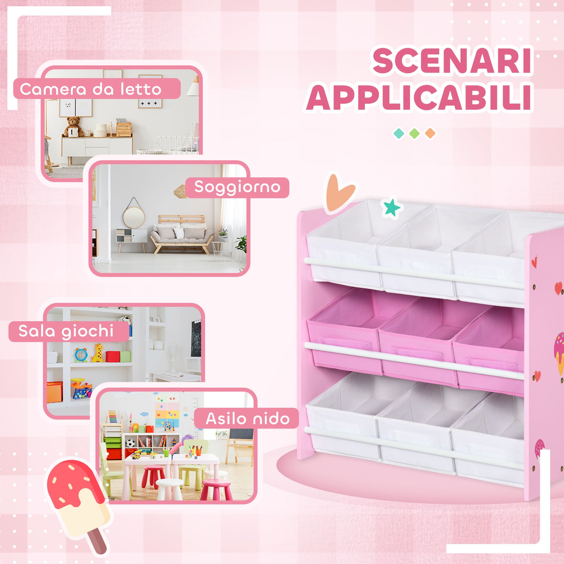 Scaffale Portagiochi per Bambini 63x30x60 cm con 9 Cestini in Tessuto in MDF Rosa e Bianco