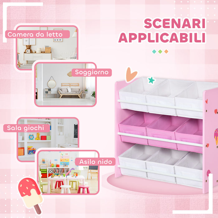 Scaffale Portagiochi per Bambini 63x30x60 cm con 9 Cestini in Tessuto in MDF Rosa e Bianco