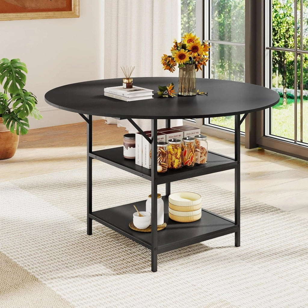 Tavolo da Pranzo Rotondo Ø 120 cm, adatto per 4-6 Persone, con 2 Ripiani, Piano Effetto Legno e Struttura in Metallo, Stile Industriale, Ideale per Cucina e Sala da Pranzo