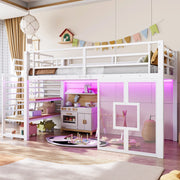 Letto a soppalco 90x200 cm con scala contenitore, LED e finestre