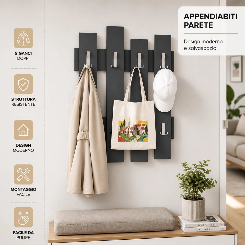 Appendiabiti da Muro Attaccapanni Montaggio a Parete H79xl64xP4cm Antracite