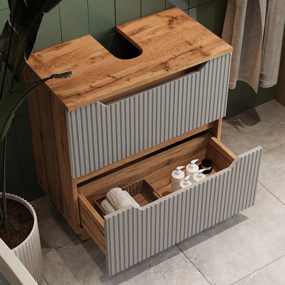 Vicco Mobile sottolavabo per bagno Rovere/grigio a righe 59.8 x 62.5 cm con 2 cassetti