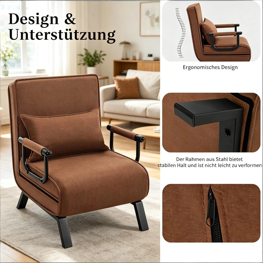 Sedia letto 3 in 1 trasformabile 1 posto con schienale regolabile a 5 posizioni, senza materasso, marrone