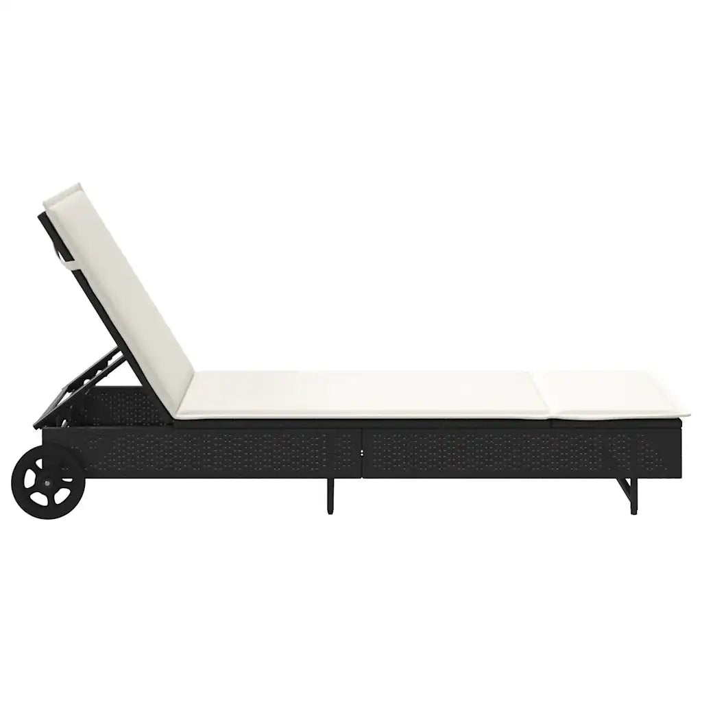 Lettino Prendisole | Sdraio da giardino | Lettino da sole con Ruote e Cuscino in Polyrattan Nero