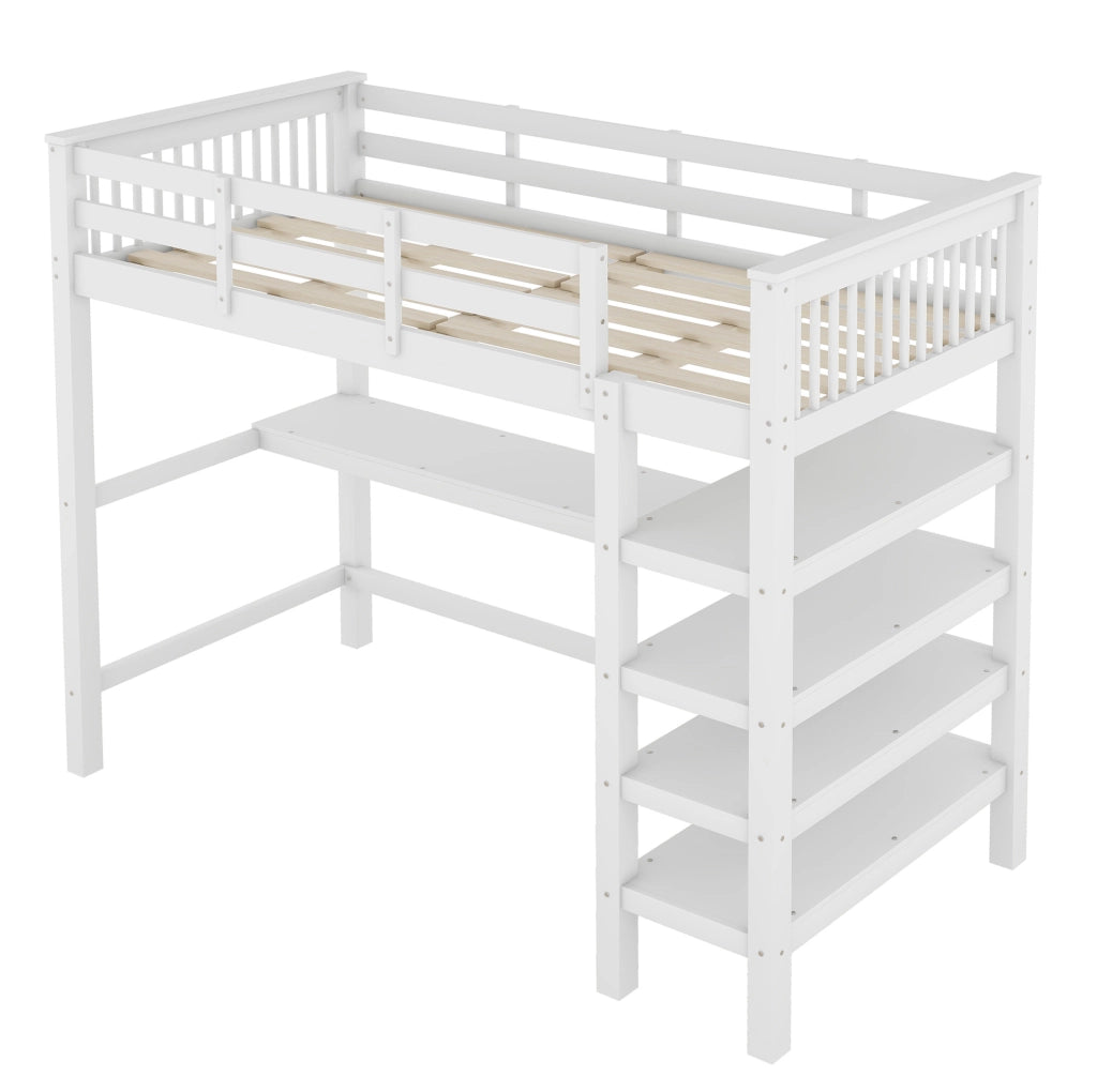 Letto a soppalco 90x200 cm con scrivania e ripiani; legno; bianco (Senza materasso)