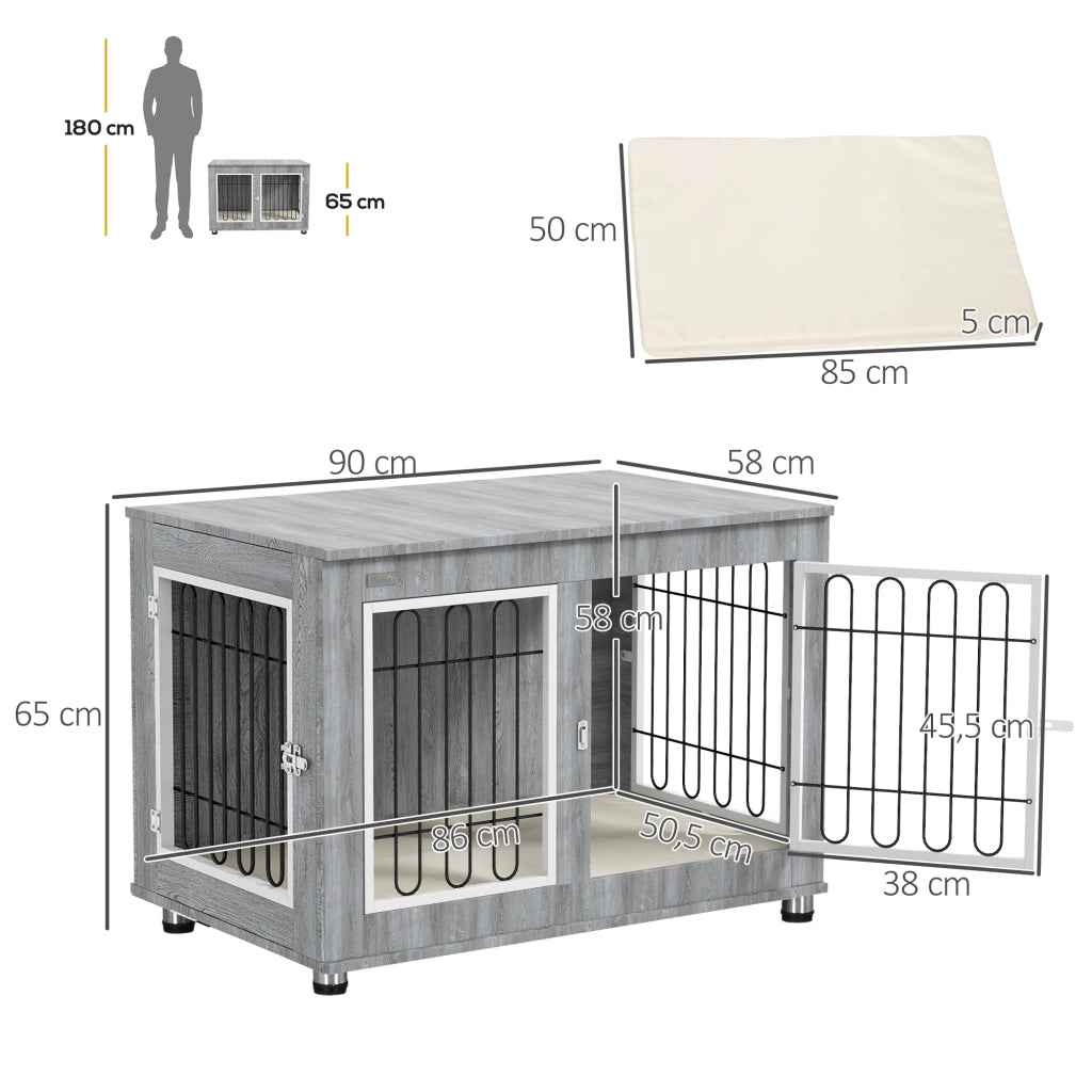 Scaffale per cani con due porte e due chiusure, interno imbottito, struttura in acciaio, grigio 90 × 58 × 65 cm