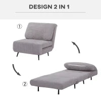 Poltrona Letto 2 in 1 Singola, Schienale Regolabile su 3 Livelli e Imbottito, Struttura in Legno e Acciaio
