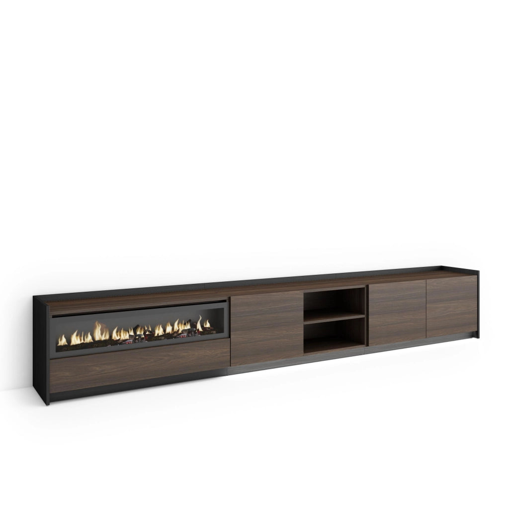 Mobile TV Soggiorno, 310x50x37 cm, Per TV fino a 80", Camino elettrico, LED, Rovere scuro e Nero