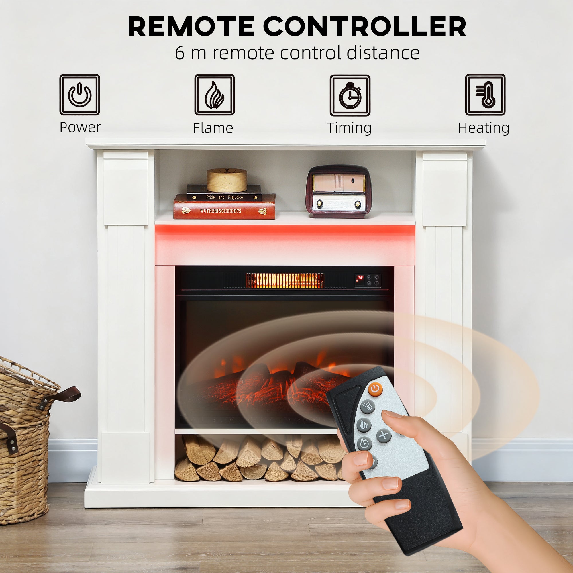 Camino Elettrico da Pavimento 105x27x97 cm 1800W Regolabile con Fiamma 3D Timer e Telecomando Bianco