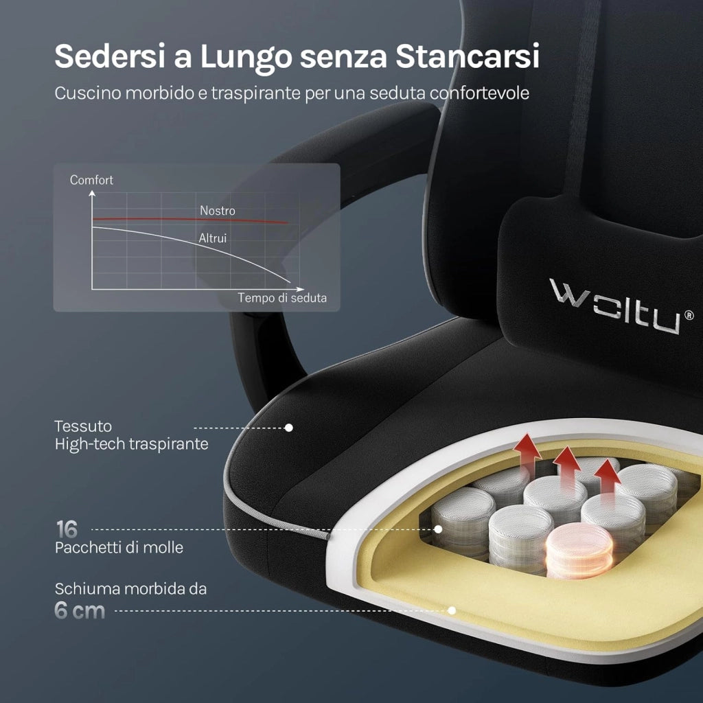 Sedia Gaming, Ampia Sedia da Ufficio Ergonomica Imbottita con Cuscino a Molla, Alta Capacità di Carico, Poltrona per Computer con Schienale Alto e Poggiapiedi, Tessuto Tecnologico, Nero, GS10sz