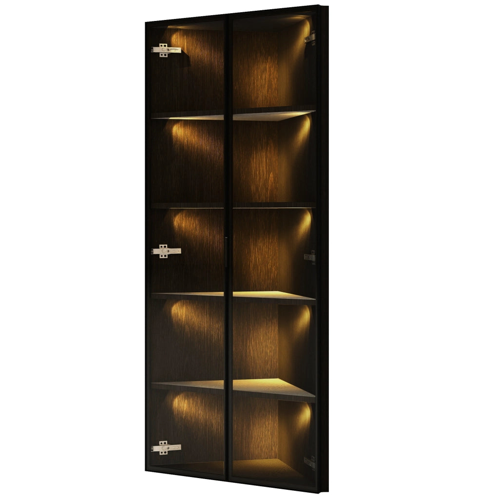 Vetrina angolare LED in vetro 62 x 35 x 160 cm, nera, con ante soft-close e struttura in MDF e vetro temperato