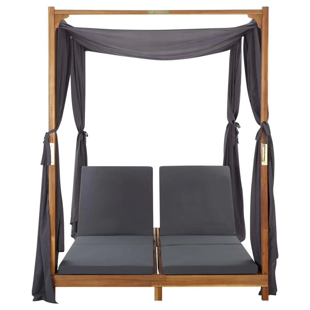 Lettino prendisole sedia a sdraio lettino da giardino mobili da patio set da esterno doppio con tende e cuscini legno di acacia 02_0012738