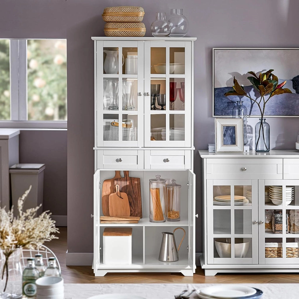 Credenza Alta per Cucina Mobile Buffet in Legno con 6 scomparti e 2 cassetti Armadio Dispensa in Stile moderno Bianco 75x40x175cm FSB76-W