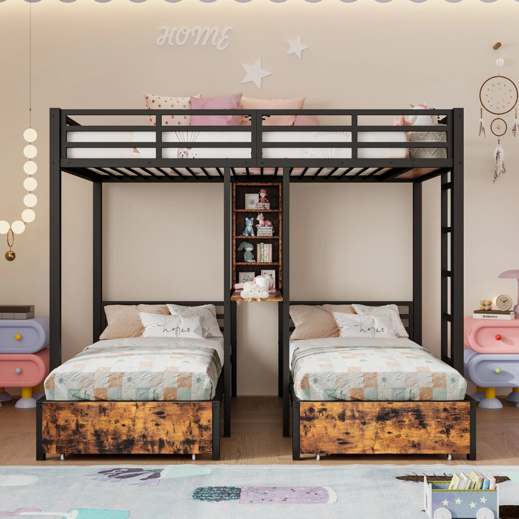 Letto a Castello 140×200 cm e 90×200 cm; 3 Posti con 2 Cassetti; Vani e Scaffali; senza Materasso; Nero