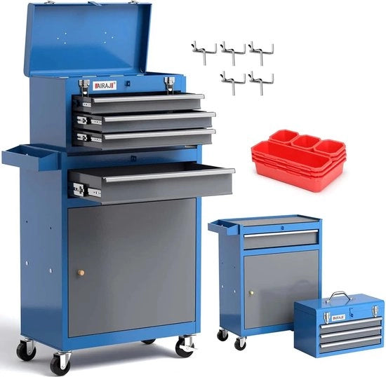 Carrello da lavoro 3-in-1 di lusso - Carrello di attrezzi - Cassetto di attrezzi con caricatore - Incluso Carrello da lavoro piccolo e Cassa di attrezzi rimovibile - Blu