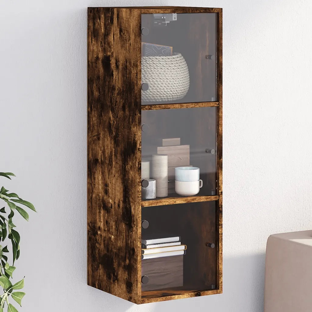Armadietto a Muro | Mobile a Muro con Ante in Vetro Rovere Fumo 35x37x100 cm