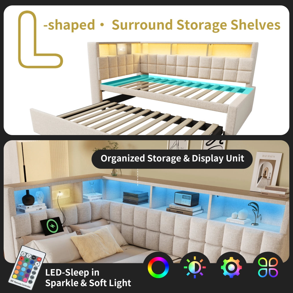 DESMIU Letto con contenitore 90 × 200 cm 1 posto con LED, USB, Type-C e altoparlante Bluetooth, senza materasso, beige