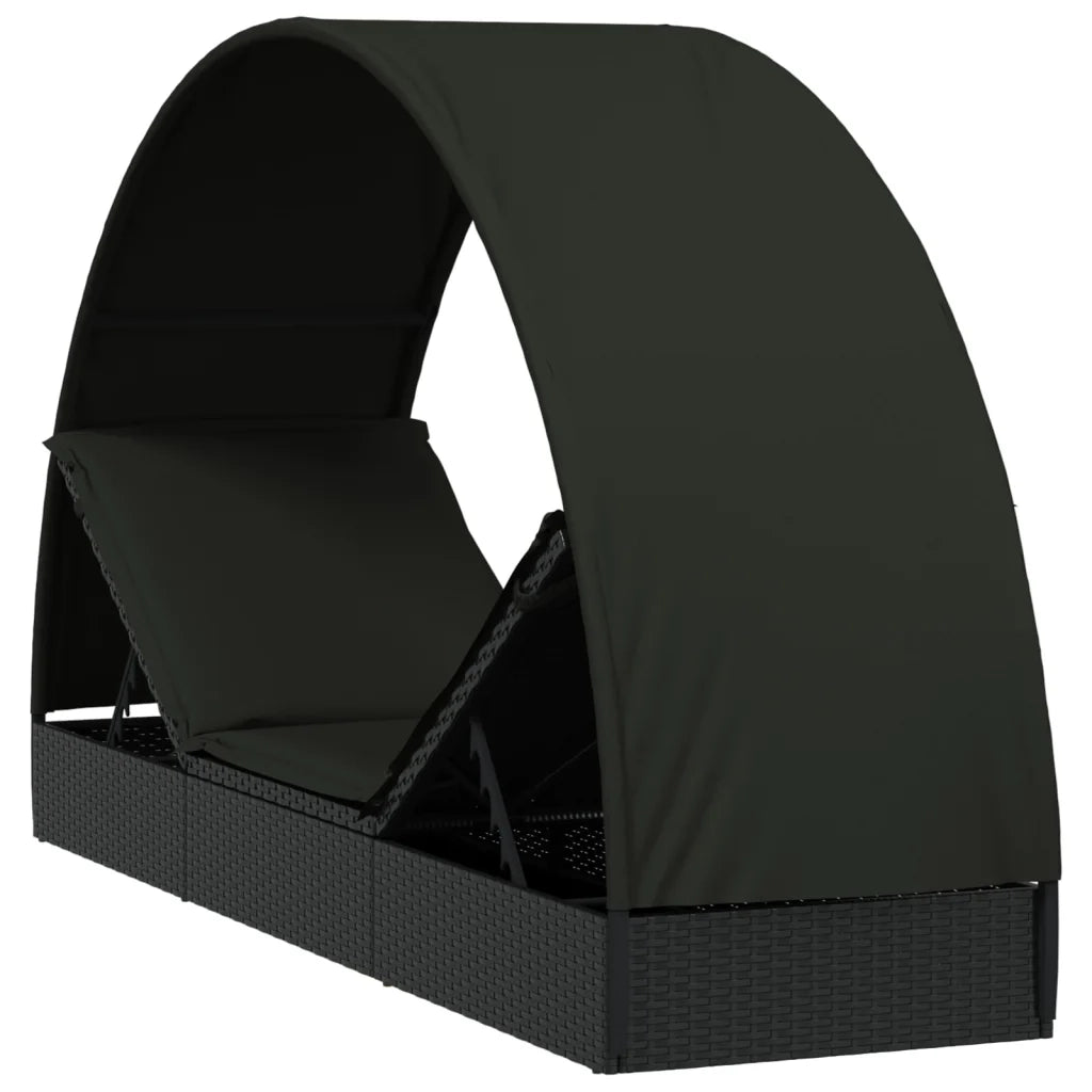Lettino con Tetto Rotondo Nero 211x57x140 cm Polyrattan 319644