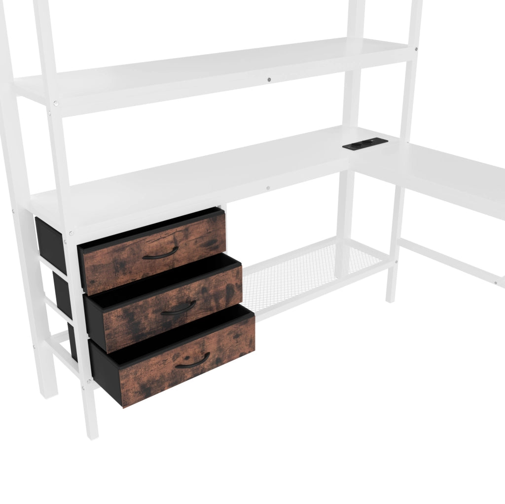 Letto a soppalco 140x200 cm con scrivania; LED; cassetti in metallo e MDF bianco