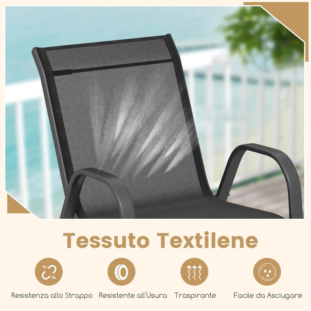 Set di 4 Sedie da Giardino, Poltrone in Tessuto Textilene per Esterno, Sedie Impilabili con Gambe in Metallo, Portata 150 kg, 56 x 70 x 84 cm (Nero,4)