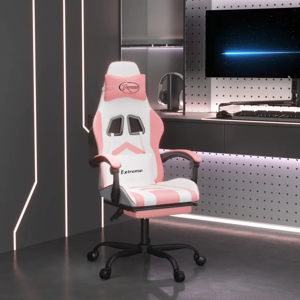 Sedia da Gaming | Sedia da e-sports con Poggiapiedi Bianco e Rosa in Similpelle