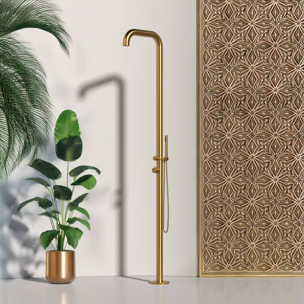 SINED Doccia Esterna in Acciaio Inox 316L Colore Oro Fusto 6 cm Altezza 2300 mm Miscelatore e Doccino Inclusi Modello DOCCIA CHIA ORO