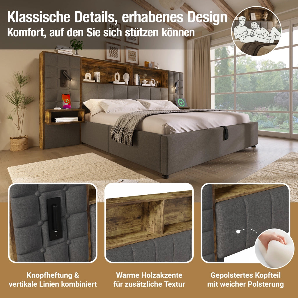 LETTO Contenitore 180x200 cm Grigio in Lino con luci e comodini integrati