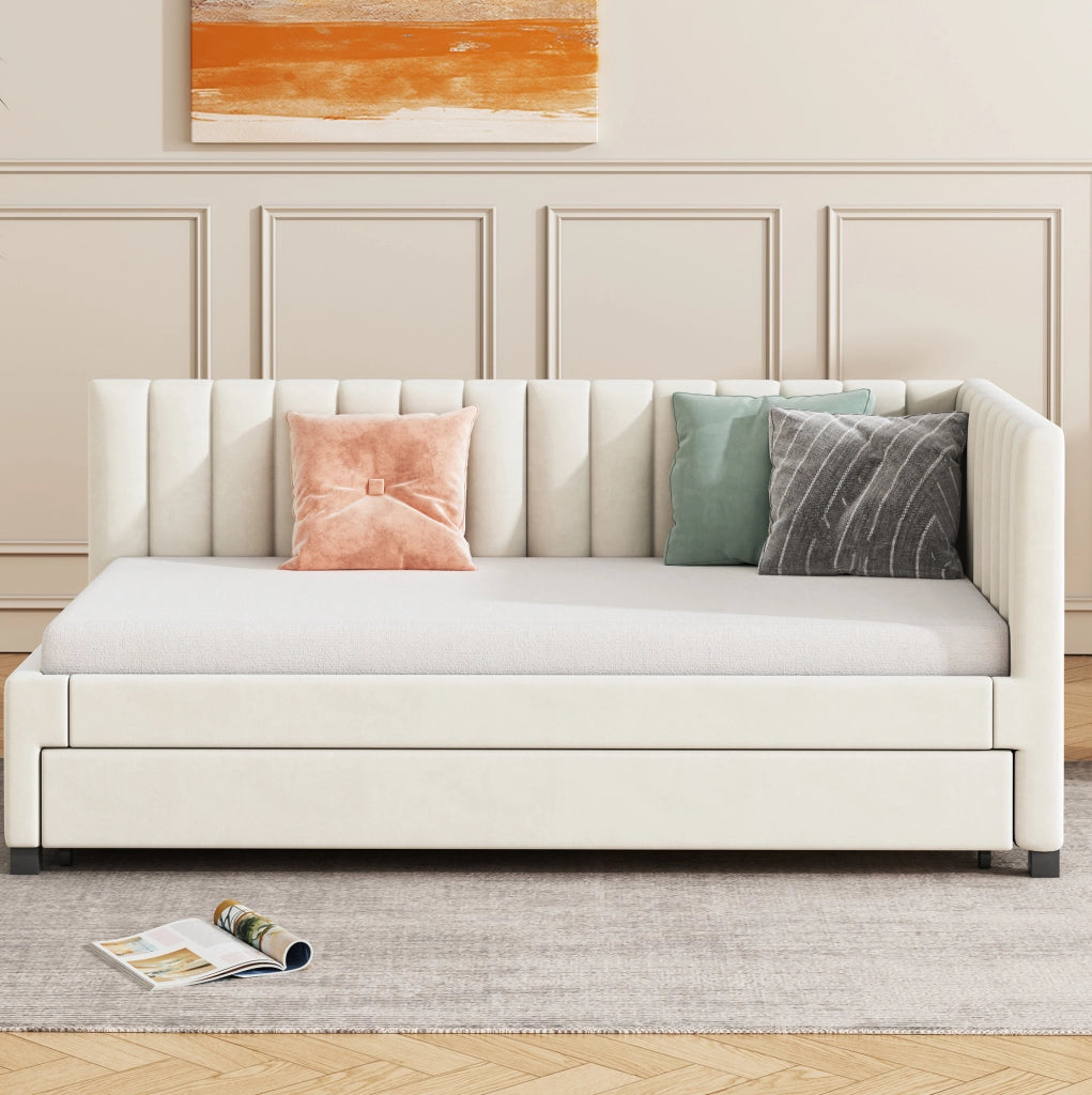 Letto imbottito 90x200 cm; convertibile con letto estraibile; velluto beige (Senza materasso)