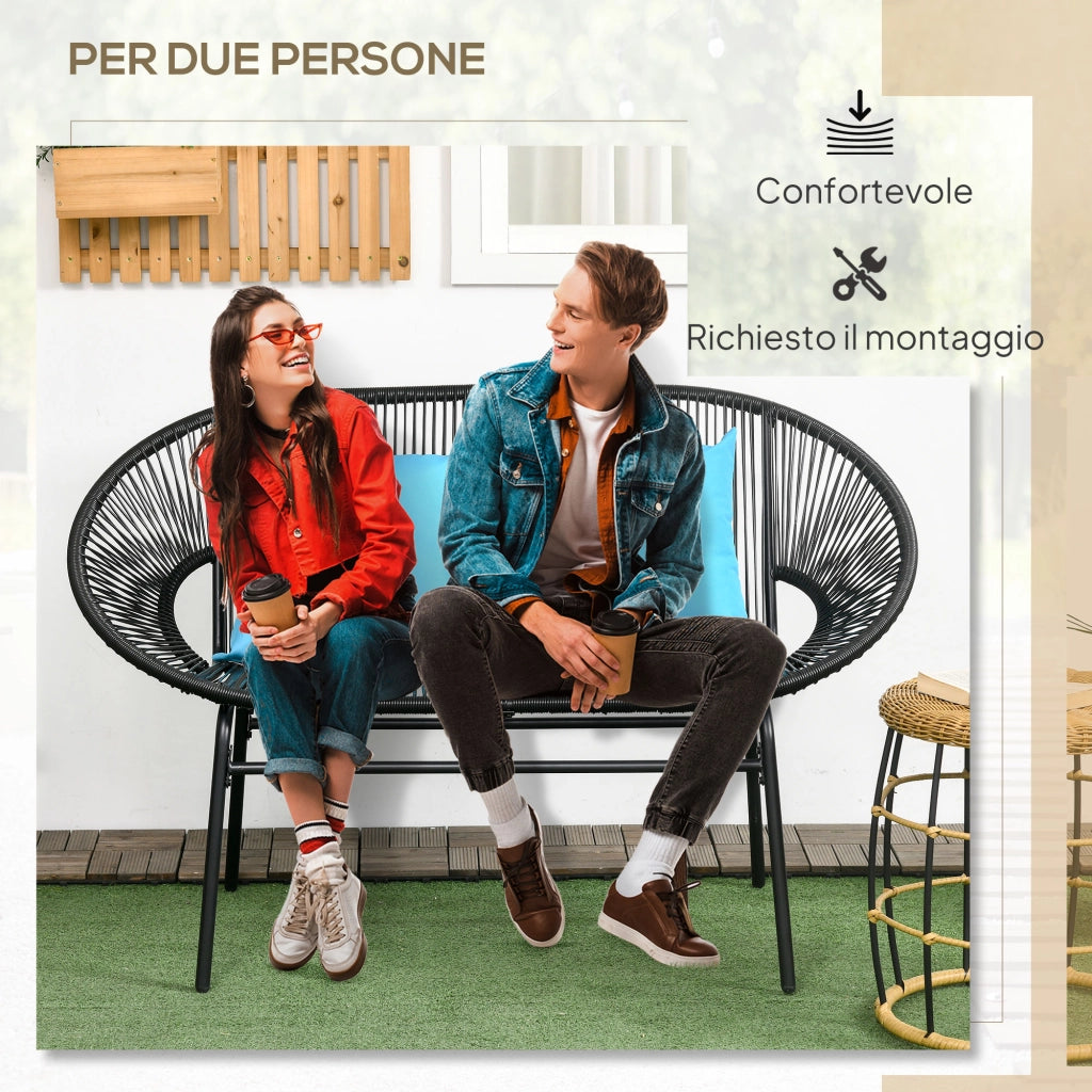 Divano da Giardino 2 Posti 132x72x83 cm con Cuscini e Braccioli in Rattan PE e Acciaio Nero