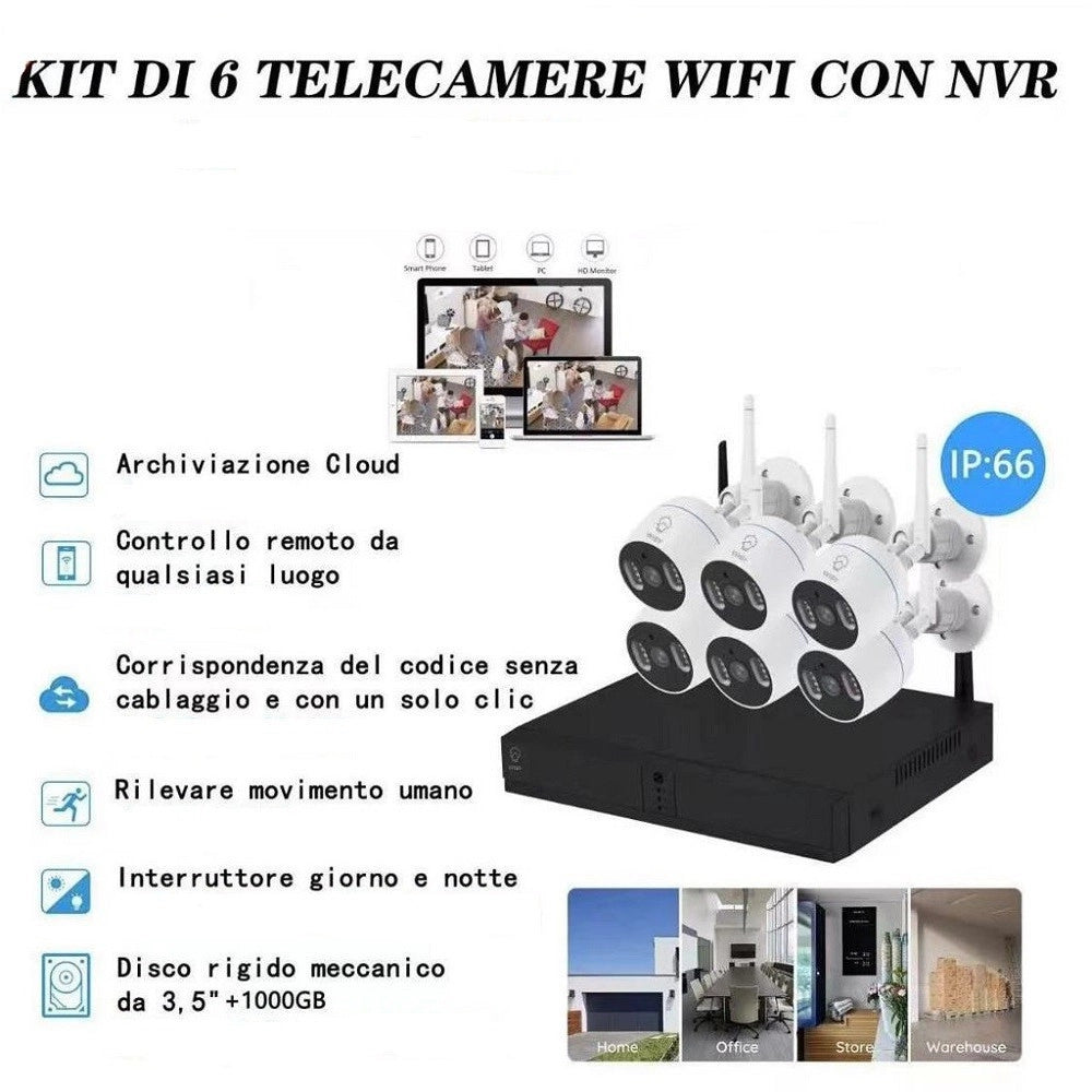 Trade Shop - Kit Di 6 Telecamere Di Videosorveglianza Ip Wifi 1080p Ip66 Con Nvr Tv-6125he 8+6 -