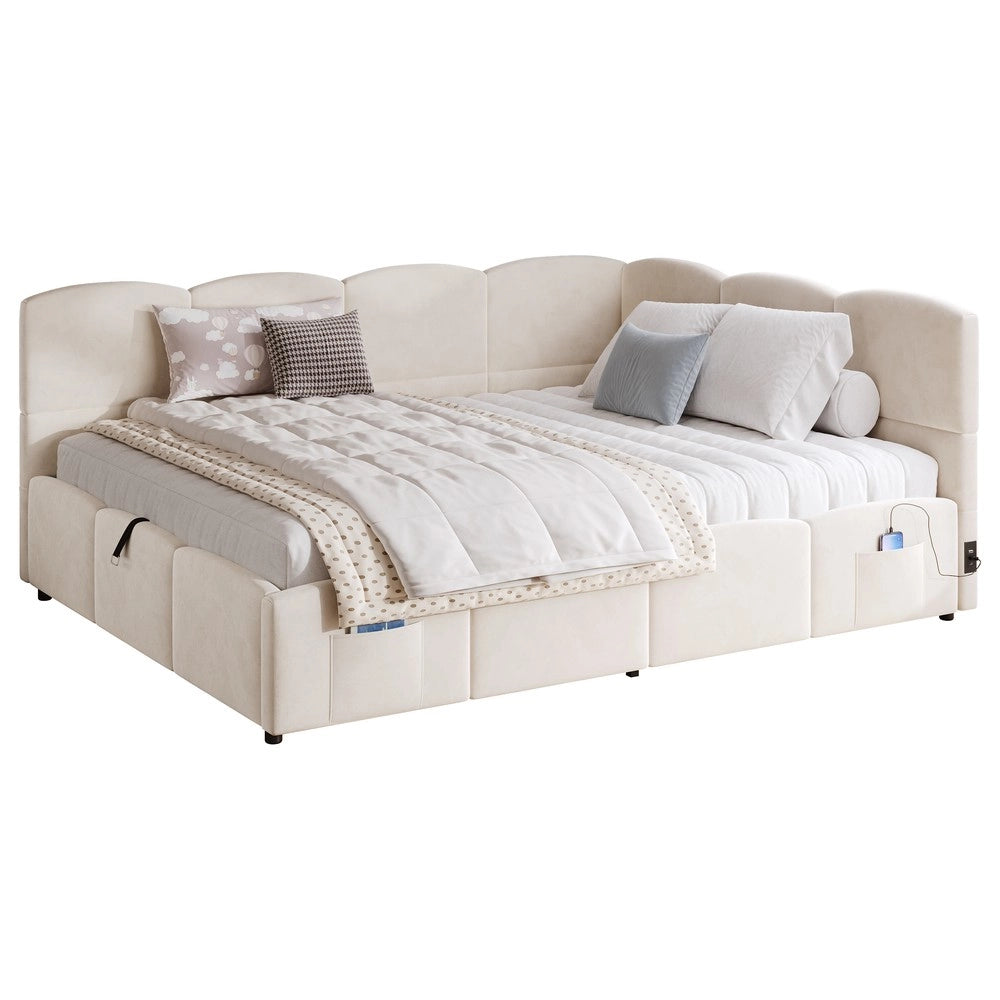 Letto Imbottito Contenitore Singolo 140x200 ¨C Xylo ¨C Velluto Beige con Rete a Doghe