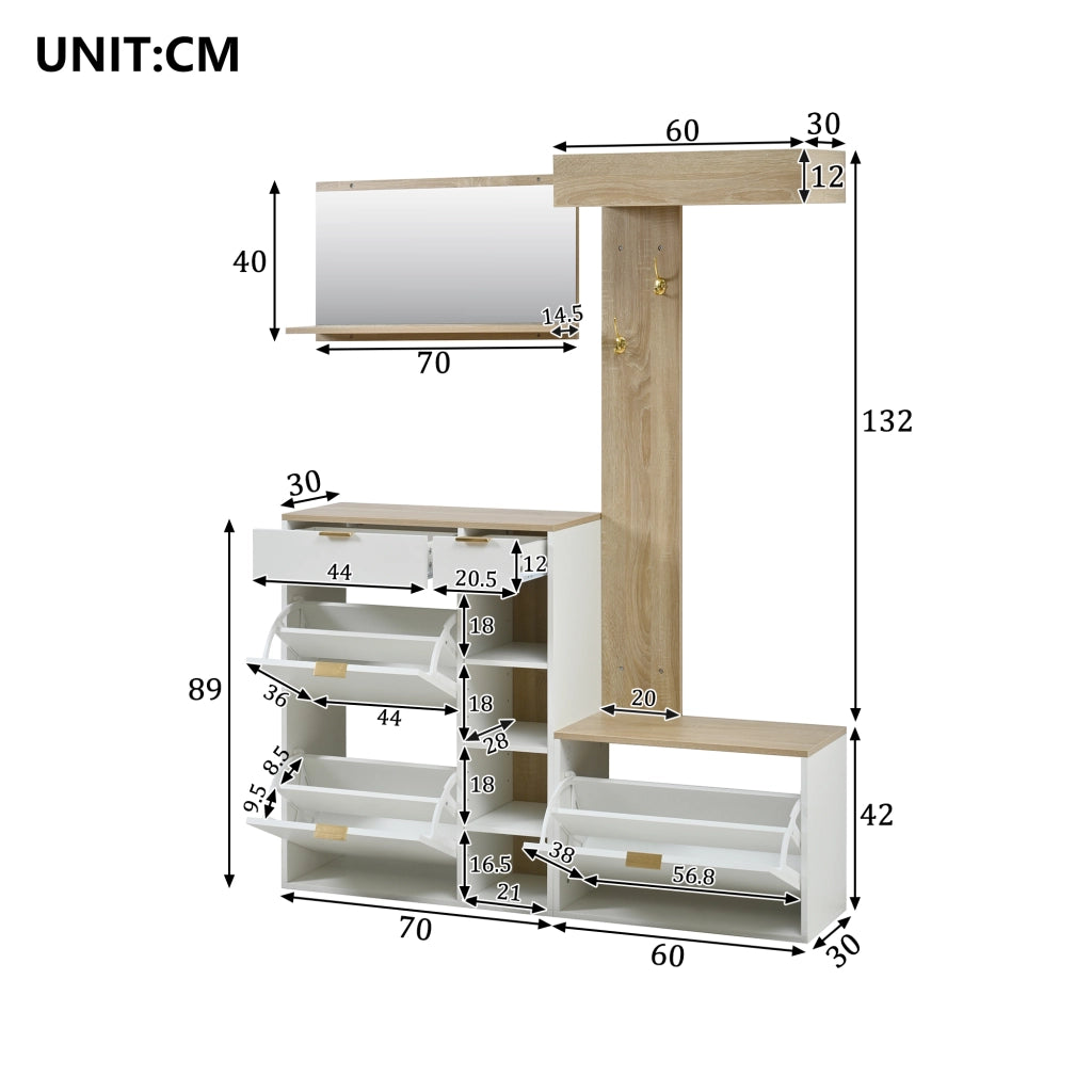 Set guardaroba da ingresso 4 pezzi con scarpiera e panca 130x30x174 cm