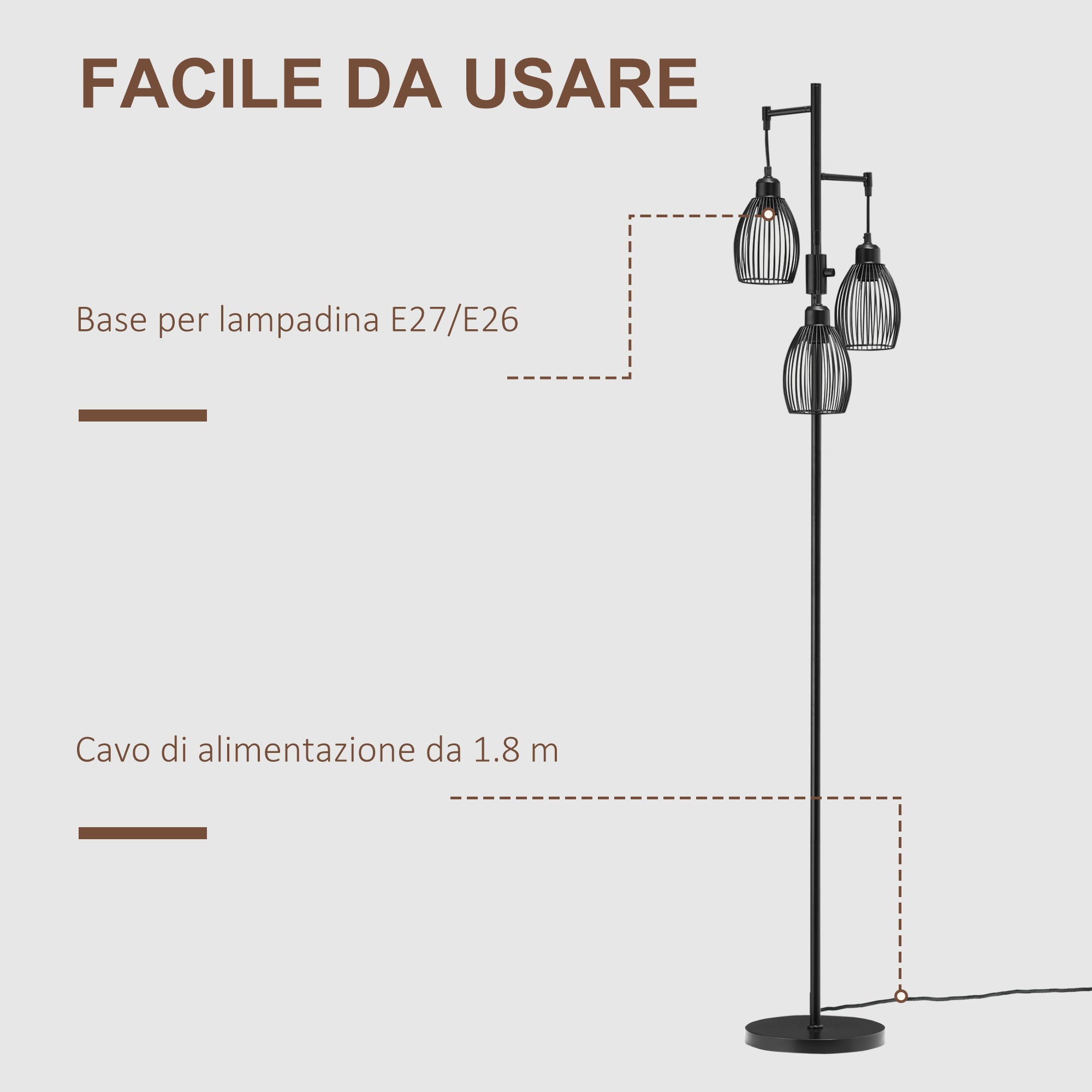 Lampada da Terra Industriale 30x30x170.5 cm con 3 Paralumi e Intensità Regolabile in Acciaio Nero
