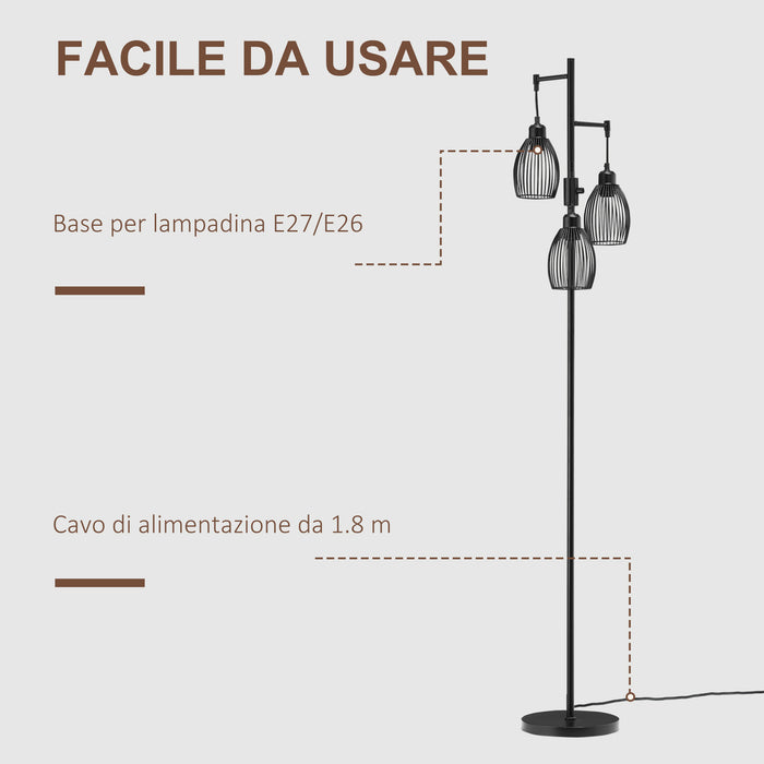 Lampada da Terra Industriale 30x30x170.5 cm con 3 Paralumi e Intensità Regolabile in Acciaio Nero