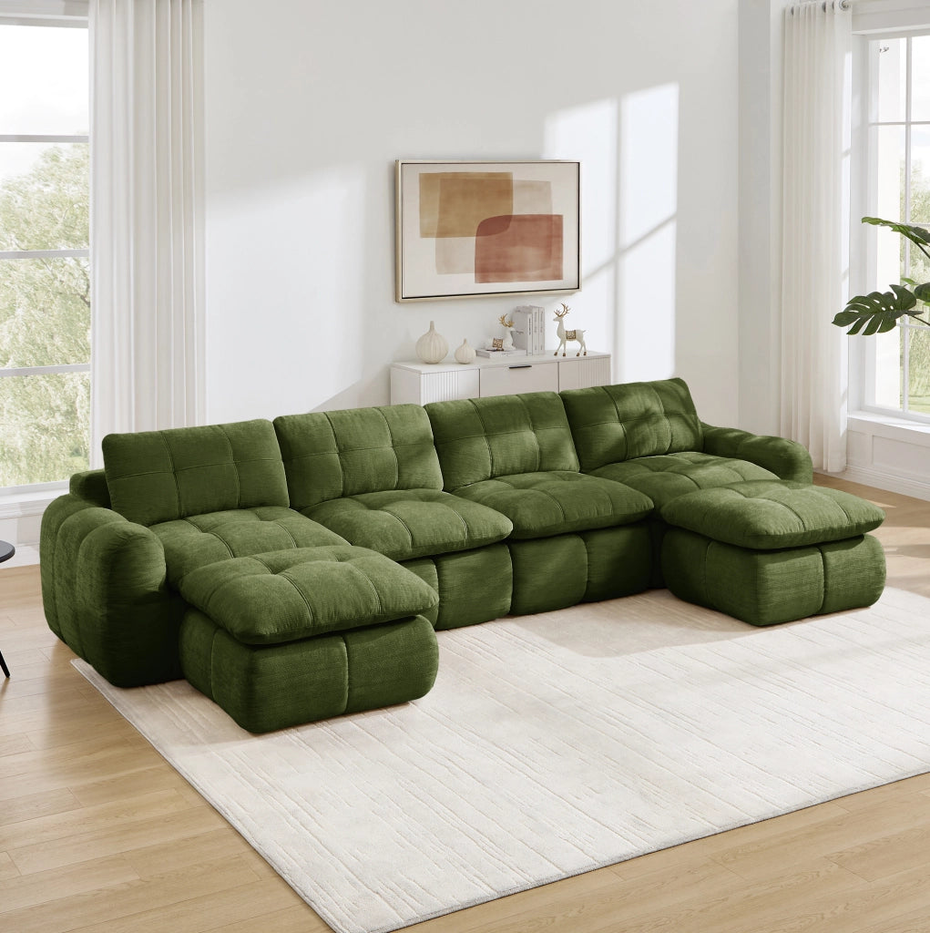 Divano modulare a U 4 posti con 2 pouf in ciniglia verde; 334x160x68 cm