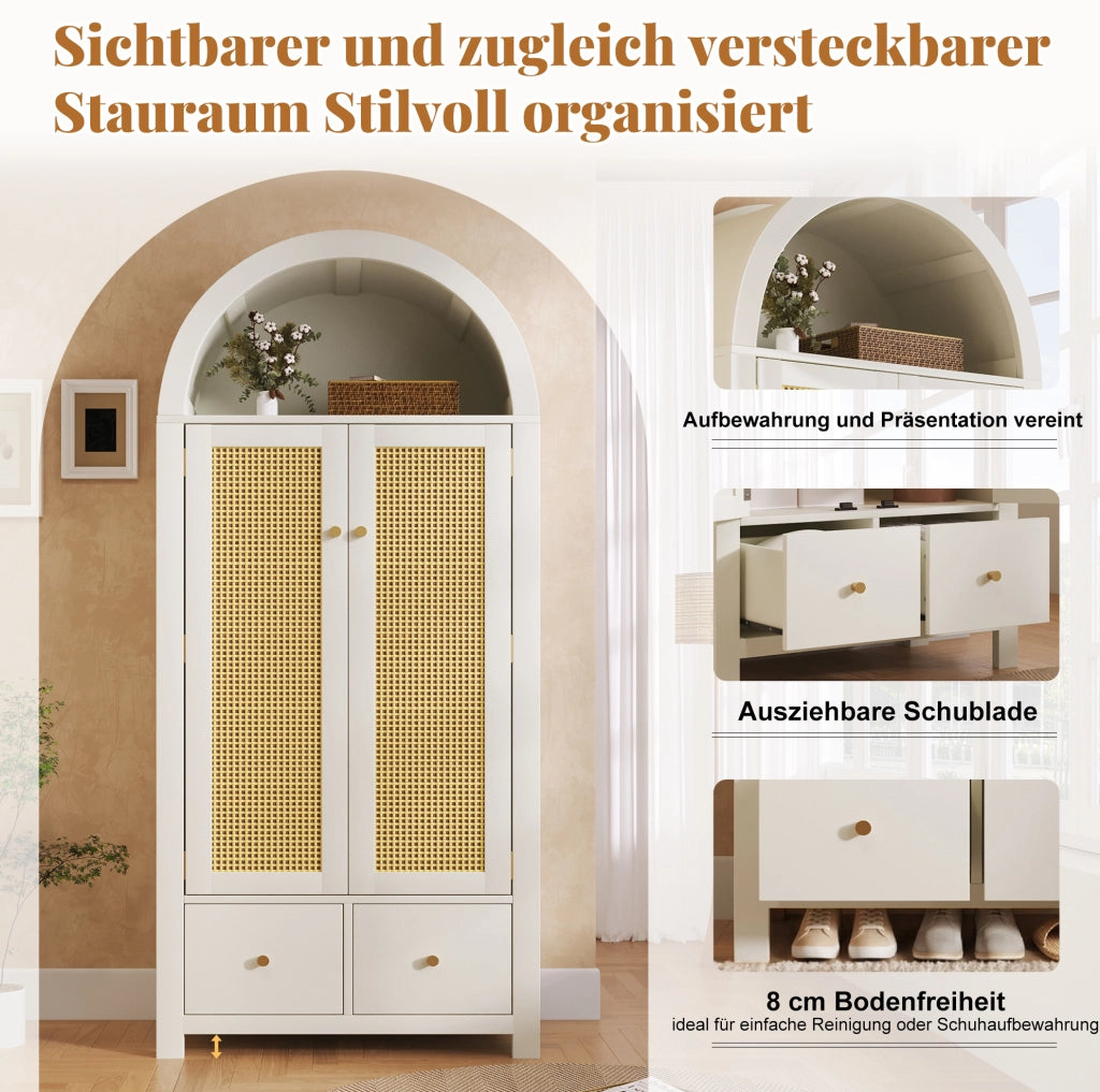 Armadio ad arco con intreccio in rattan, bianco, con 2 cassetti e asta appendiabiti