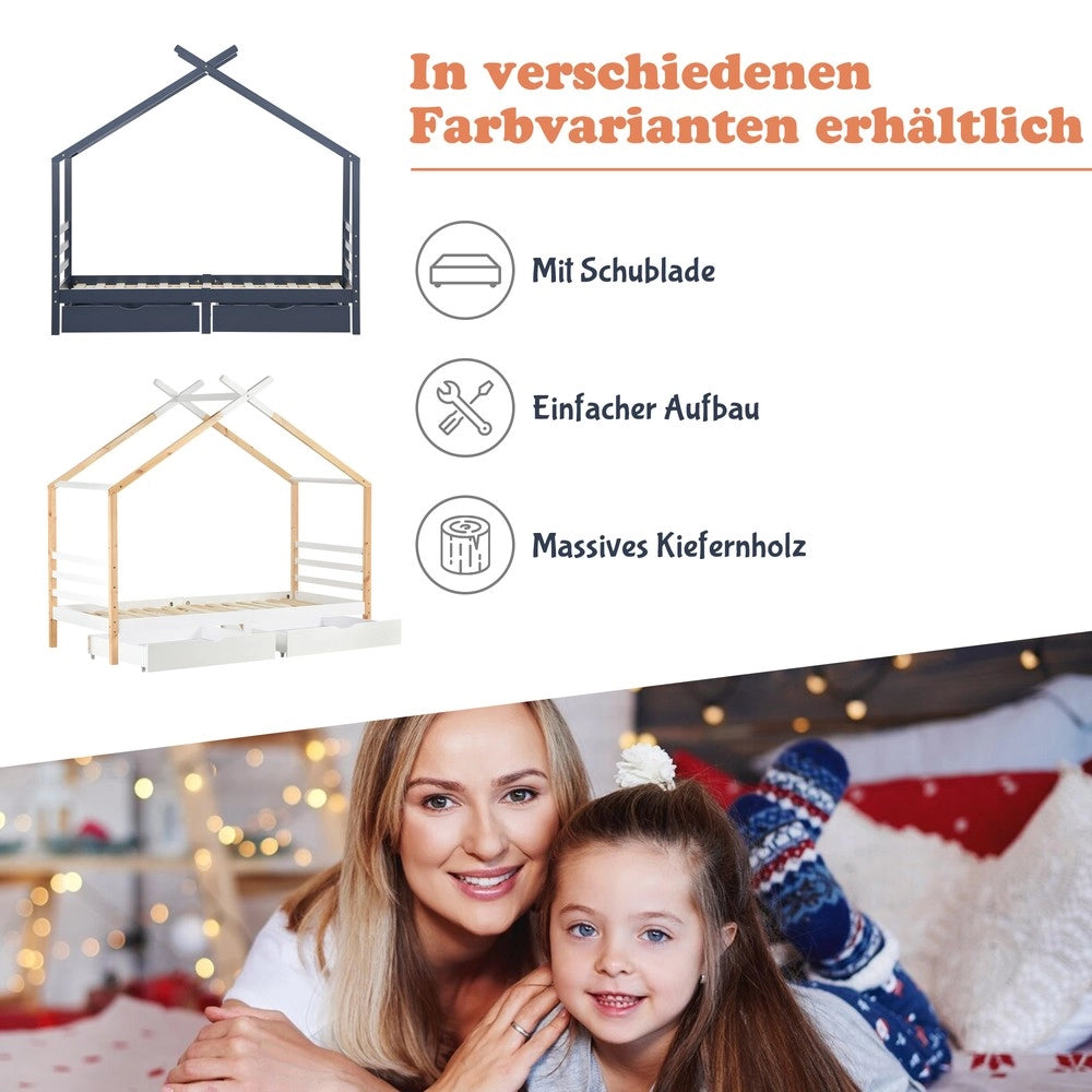 Letto Casetta per Bambini con Cassetti ¨C MINIMAL ¨C Massello di Pino, Bianco, 90x200