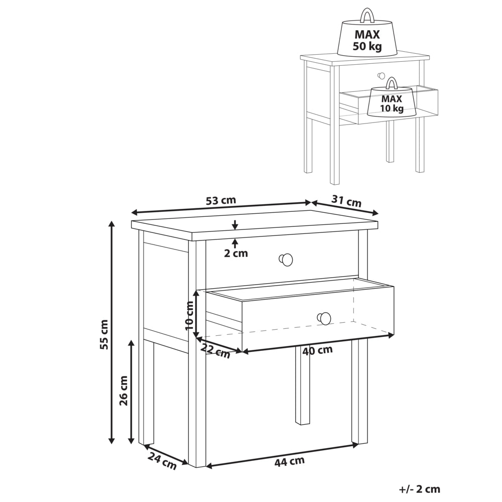 Comodino 2 cassetti portaoggetti in legno massiccio legno chiaro stile rustico
