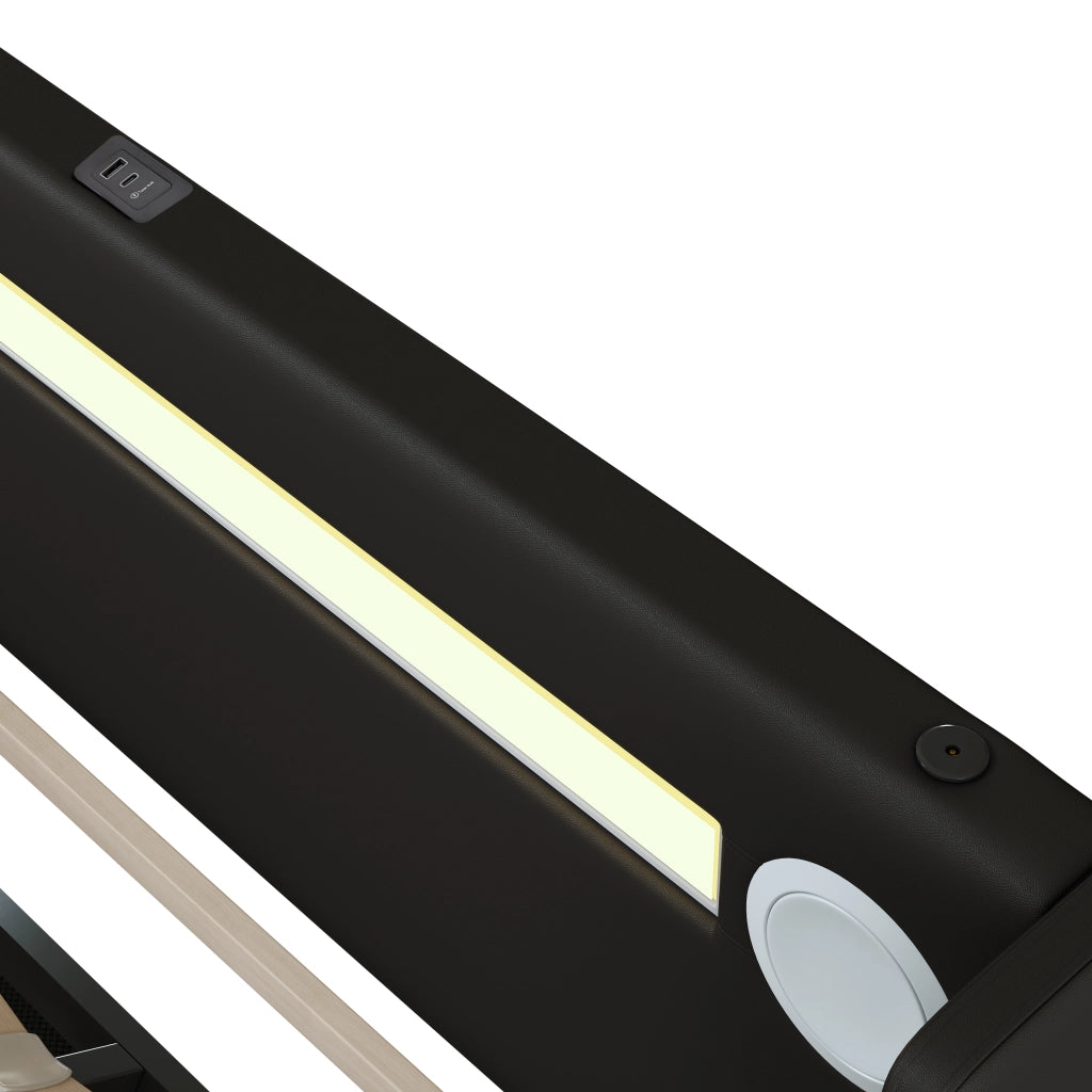 DESMIU Letto imbottito con contenitore 160 × 200 cm matrimoniale con LED, Bluetooth e USB, senza materasso, in PU nero