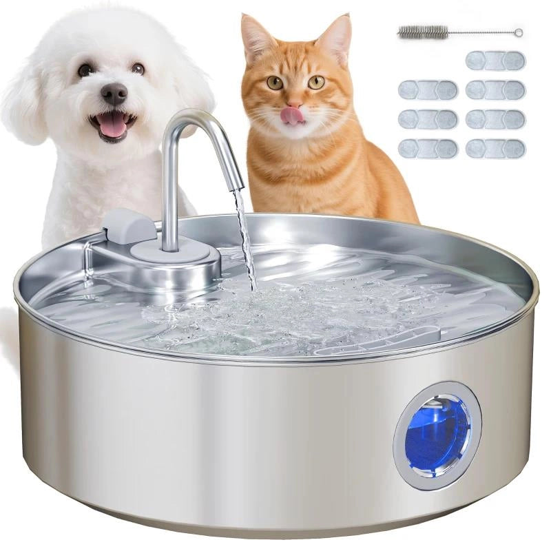 FONTANELLA PER GATTO 7L CON LUCE LED E TRIPLA FILTRAZIONE, IN ACCIAIO INOX 304, 30.5X31.2X19.3 CM, ARGENTO