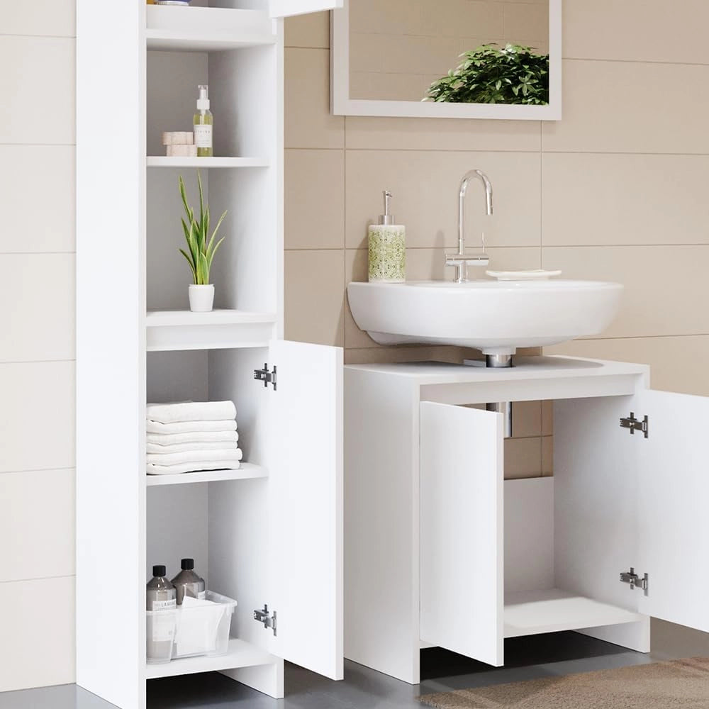 Set di mobili da bagno Emma, Bianco, 58 cm, composto da mobile sottolavabo, specchiera e colonna alta