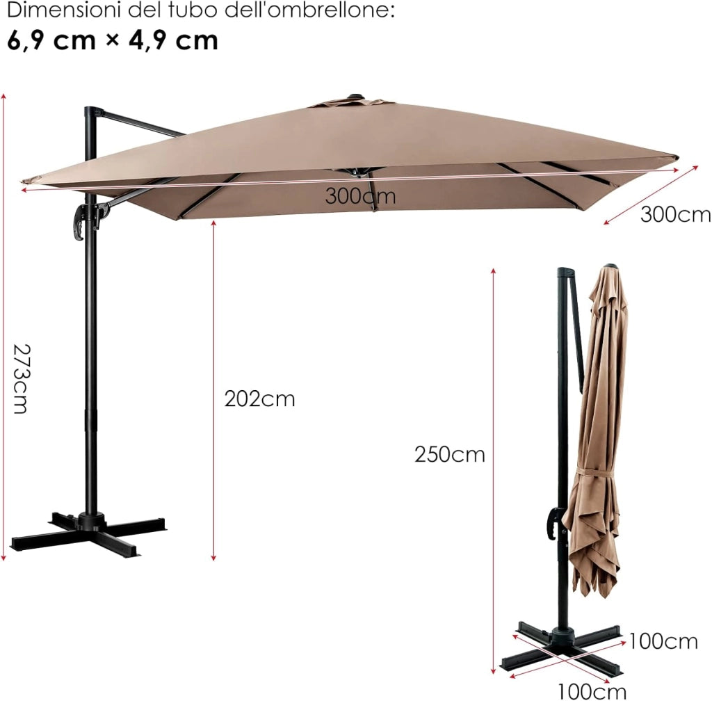 Ombrellone da Giardino, 300 x 300 cm, Ombrellone da Esterno con 3 Inclinazioni, Rotazione a 360°, Manovella, 8 Stecche, Base Incrociata (Caffè)